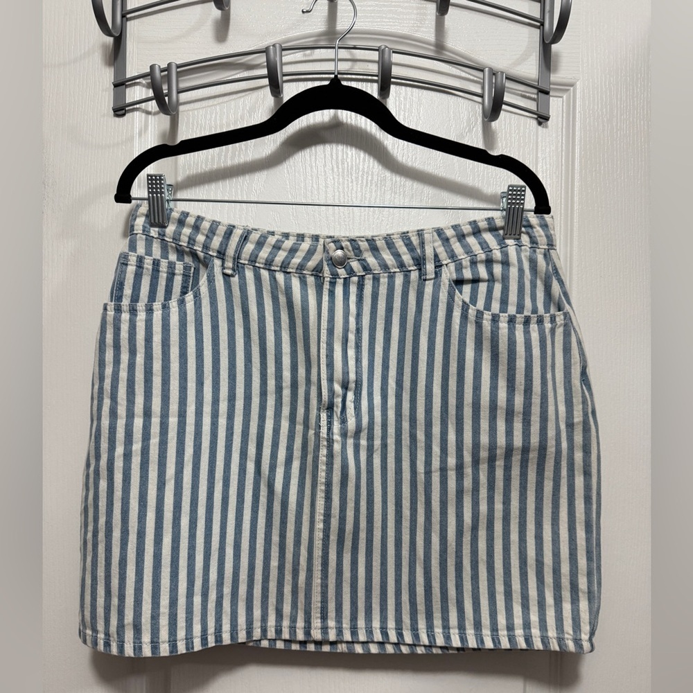 Hem & Thread Mini Skirt Denim Jean Women's L Blue White Striped Boho Coastal NWT
